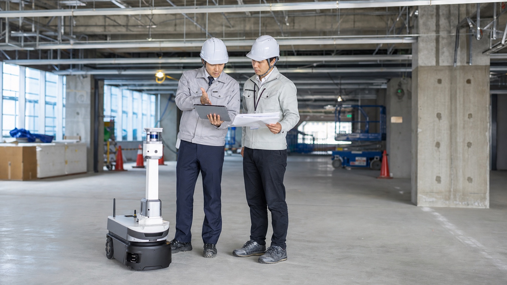 建設現場で技術者がロボットと導入条件を確認するイメージ